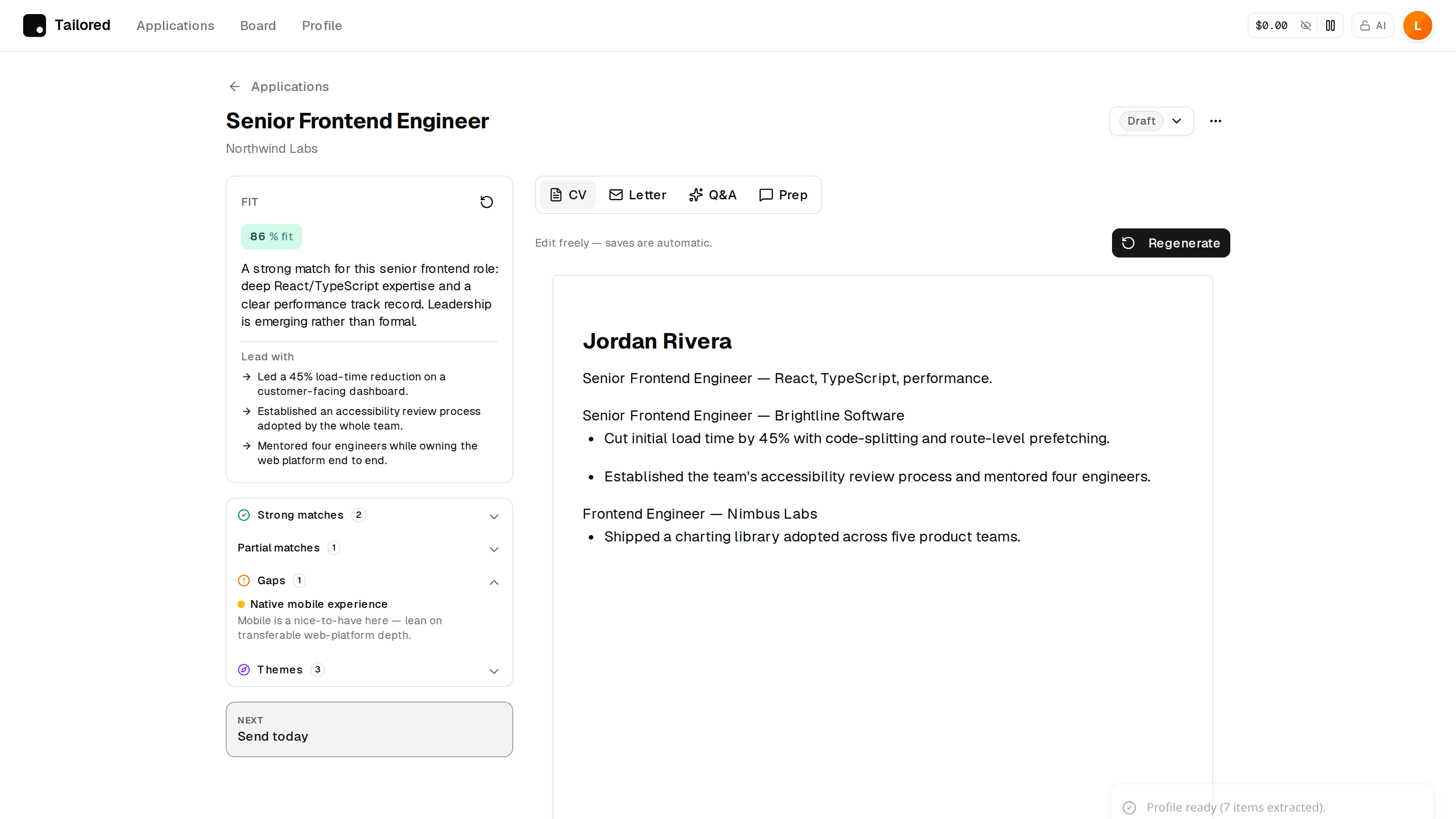 The Tailored workspace: a role's fit analysis beside an AI-tailored CV